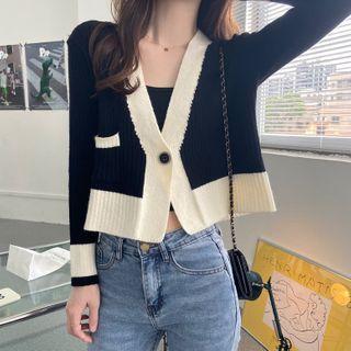 Contrast Trim One-button Cardigan Black - One Size