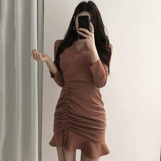3/4-sleeve Frill Trim Drawstring Mini Dress