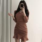 3/4-sleeve Frill Trim Drawstring Mini Dress