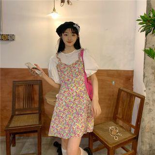 Puff-sleeve Plain Shirt + Spaghetti Strap Floral Print Dress