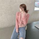 Long-sleeve Plaid Buttoned Knit Top As Shown In Figure - One Size