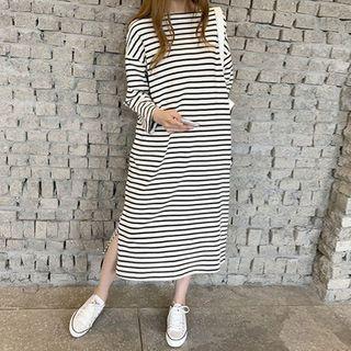 Striped Long-sleeve Midi T-shirt Dress Stripe - One Size
