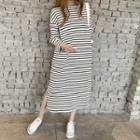 Striped Long-sleeve Midi T-shirt Dress Stripe - One Size