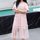 Set: Printed Short-sleeve T-shirt Dress + Sleeveless Sheer Midi Dress