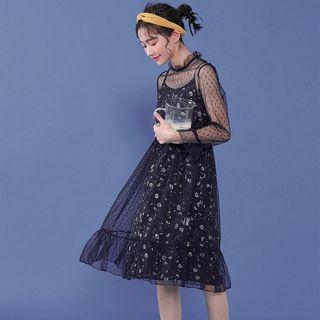 Set: Mesh Long-sleeve Dress + Floral Spaghetti Strap Dress