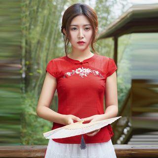 Cap-sleeve Embroidery Chiffon Top
