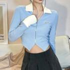 Long-sleeve Contrast Trim Asymmetrical Zip-up Crop Top
