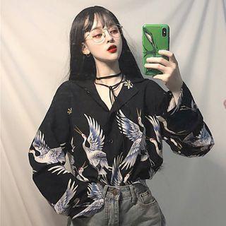 Crane Print Long-sleeve Blouse As Shown In Figure - One Size