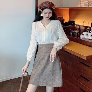 V-neck Blouse / A-line Mini Skirt