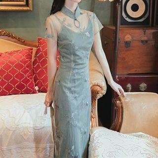 Set: Embroidered Mesh Short-sleeve Midi Qipao + Slipdress