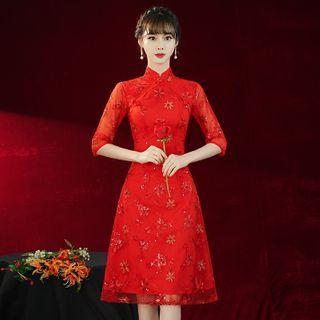 3/4-sleeve Sequin Midi Prom Dress