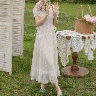 Lace Bow-accent Button-front Maxi Dress