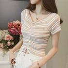 Drawstring Front Striped Knit Top