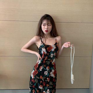 Spaghetti Strap Floral Print Midi Sheath Dress Almond - One Size
