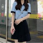 Contrast Collar Cropped Blouse / Pleated Mini A-line Skirt
