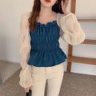 Ruffle Two-tone Blouse Blue - One Size