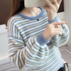 Puff-sleeve Striped Knit Sweater