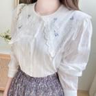 Lace-trim Flower-embroidered Blouse White - One Size