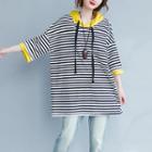 Striped 3/4-sleeve Hooded T-shirt