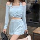 Long-sleeve Off-shoulder T-shirt / Halter Camisole Top / Mini A-line Skirt