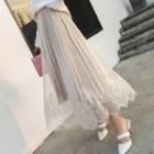 Lace Panel Midi A-line Pleated Velvet Skirt