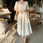 Shirtwaist Linen Long Flare Dress Light Beige - One Size