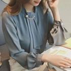 Lantern-sleeve Plain Lace Up Blouse