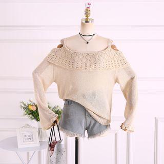 Eyelet Lace Off Shoulder Loose-fit Knit Cardigan