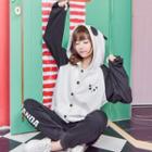 Panda Ear Accent Hooded Color Block Buttoned Jacket