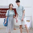 Couple Matching Short-sleeve Denim Shirt / Mesh Paneled A-line Midi Dress