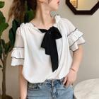 Elbow-sleeve Ribbon Chiffon Top