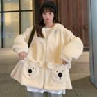 Embroider Bear Faux Shearling Zip Hooded Oversize Jacket