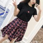 Short-sleeve Heart Print T-shirt / Plaid Asymmetric Skirt / Set