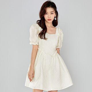 Puff-sleeve Square Neck Ruffle Mini A-line Dress
