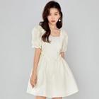 Puff-sleeve Square Neck Ruffle Mini A-line Dress