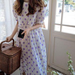 Puff-sleeve Polka-dot Dress Purple - One Size
