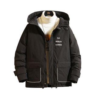 Letter Printed Hooded Zipped Padded Coat