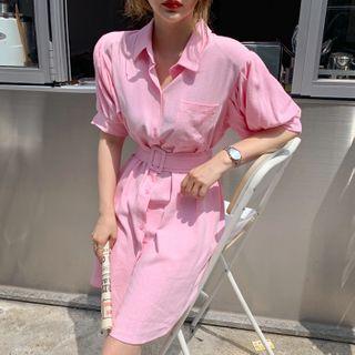 Pastel Puff-sleeve Belted Midi Shirtdress