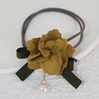 Flower Fabric Faux Pearl Hair Tie Hair Tie - Yellow & Green & Gold - One Size
