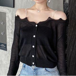 Cold-shoulder Cardigan Black - One Size