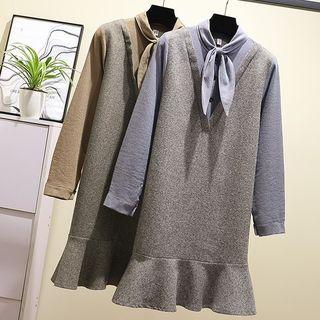 Mock Two-piece Tie-neck Long-sleeve Dress