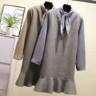 Mock Two-piece Tie-neck Long-sleeve Dress