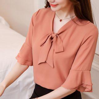 Tie Neck Ruffle Trim Top