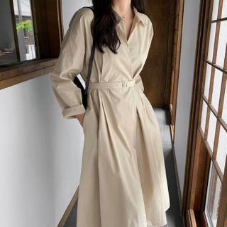Long-sleeve Open-collar Midi A-line Dress