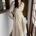 Long-sleeve Open-collar Midi A-line Dress