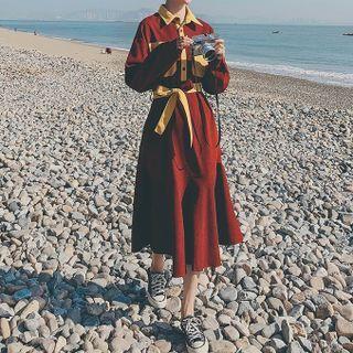 Long-sleeve Henley Contrast Trim Midi Shirt Dress