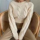 Plain Cable Knit Cropped Sweater Beige - One Size