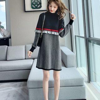 Contrast Color Mini A-line Knit Dress