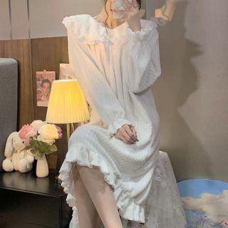 Bell-sleeve Collared Fleece Sleep Dress