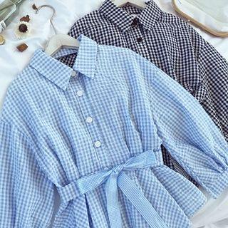 Check Bow-tie Lace-up Puff-sleeve Top